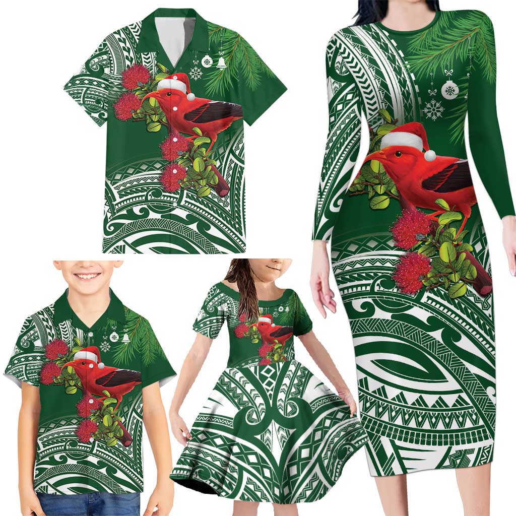 Christmas Hawaii with I'iwi Bird Family Matching Long Sleeve Bodycon Dress and Hawaiian Shirt Aloha Mele Kalikimaka - Green Art LT9 - Polynesian Pride