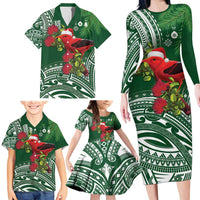 Christmas Hawaii with I'iwi Bird Family Matching Long Sleeve Bodycon Dress and Hawaiian Shirt Aloha Mele Kalikimaka - Green Art LT9 - Polynesian Pride