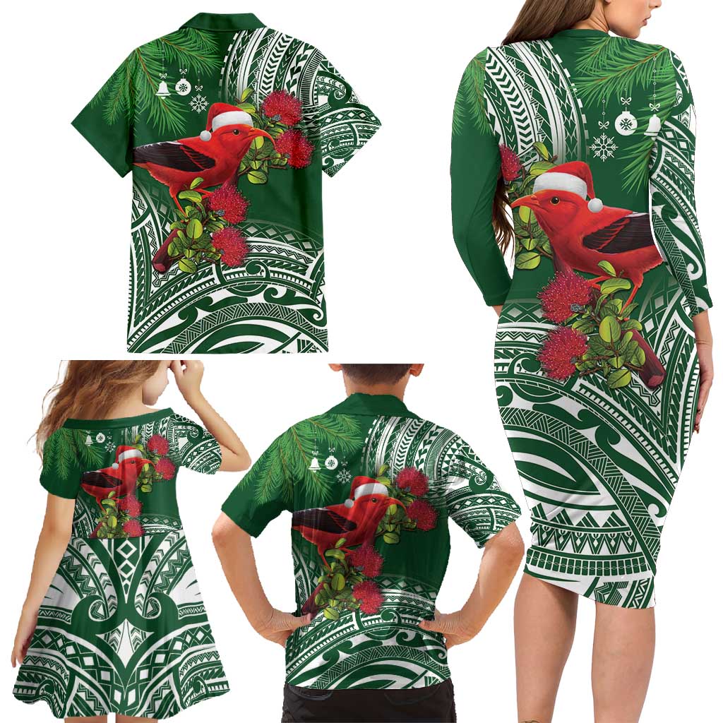 Christmas Hawaii with I'iwi Bird Family Matching Long Sleeve Bodycon Dress and Hawaiian Shirt Aloha Mele Kalikimaka - Green Art LT9 - Polynesian Pride