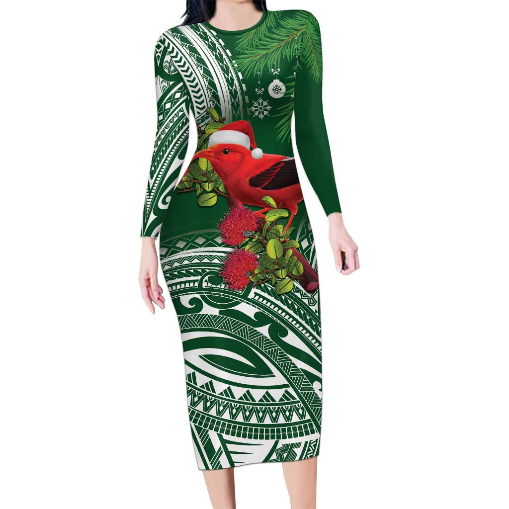 Christmas Hawaii with I'iwi Bird Family Matching Long Sleeve Bodycon Dress and Hawaiian Shirt Aloha Mele Kalikimaka - Green Art LT9 Mom's Dress Green - Polynesian Pride