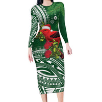 Christmas Hawaii with I'iwi Bird Family Matching Long Sleeve Bodycon Dress and Hawaiian Shirt Aloha Mele Kalikimaka - Green Art LT9 Mom's Dress Green - Polynesian Pride