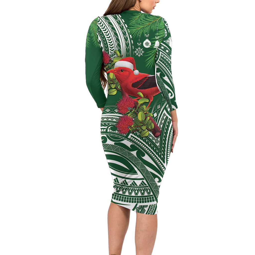 Christmas Hawaii with I'iwi Bird Family Matching Long Sleeve Bodycon Dress and Hawaiian Shirt Aloha Mele Kalikimaka - Green Art LT9 - Polynesian Pride