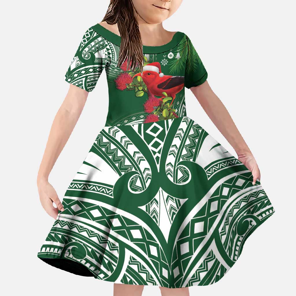 Christmas Hawaii with I'iwi Bird Family Matching Mermaid Dress and Hawaiian Shirt Aloha Mele Kalikimaka - Green Art LT9 Daughter's Dress Green - Polynesian Pride