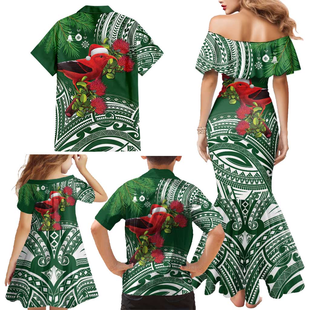 Christmas Hawaii with I'iwi Bird Family Matching Mermaid Dress and Hawaiian Shirt Aloha Mele Kalikimaka - Green Art LT9 - Polynesian Pride