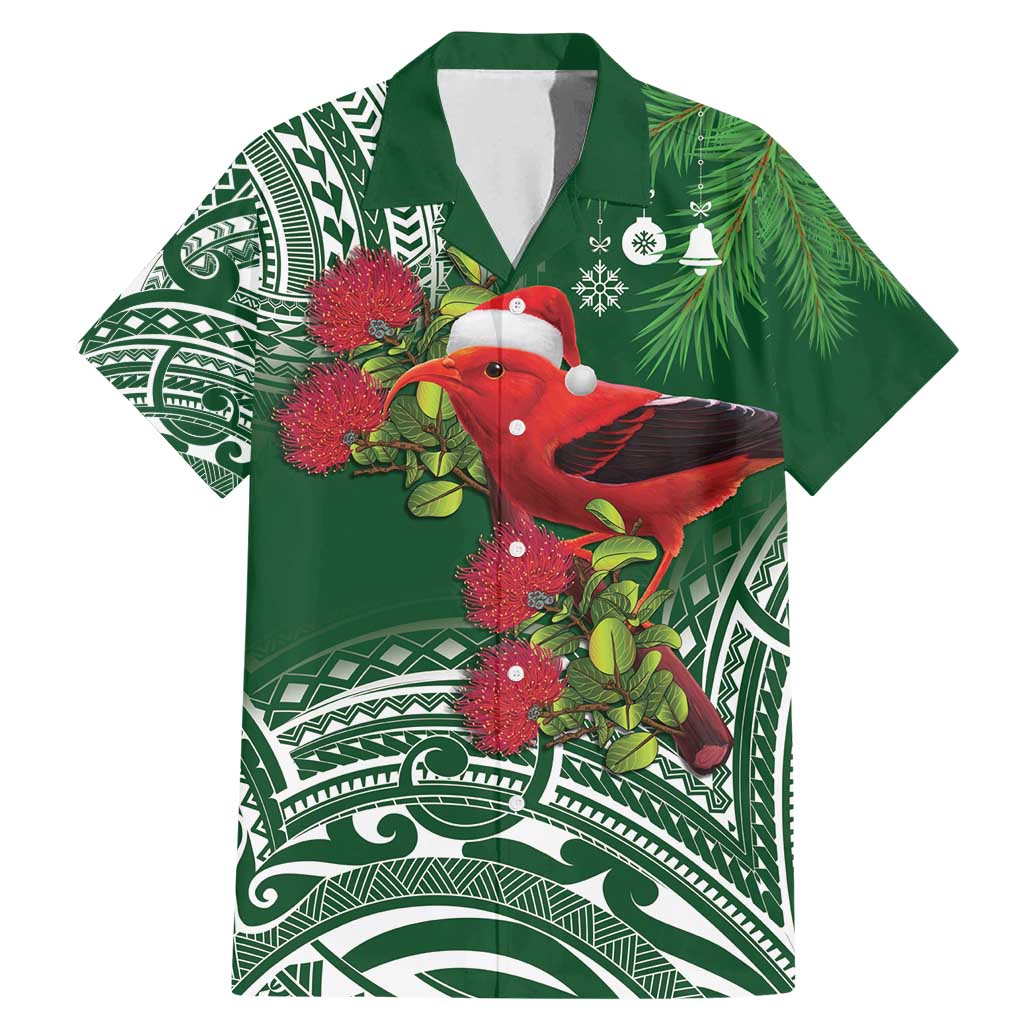 Christmas Hawaii with I'iwi Bird Family Matching Mermaid Dress and Hawaiian Shirt Aloha Mele Kalikimaka - Green Art LT9 Dad's Shirt - Short Sleeve Green - Polynesian Pride