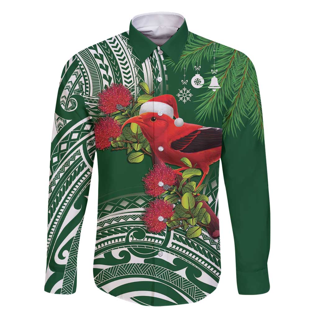 Christmas Hawaii with I'iwi Bird Family Matching Mermaid Dress and Hawaiian Shirt Aloha Mele Kalikimaka - Green Art LT9 Dad's Shirt - Long Sleeve Green - Polynesian Pride