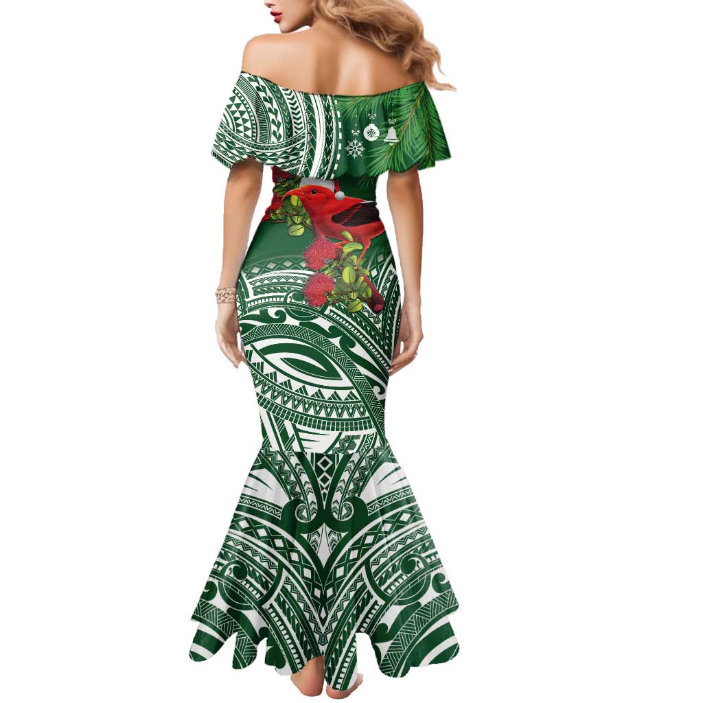 Christmas Hawaii with I'iwi Bird Family Matching Mermaid Dress and Hawaiian Shirt Aloha Mele Kalikimaka - Green Art LT9 - Polynesian Pride