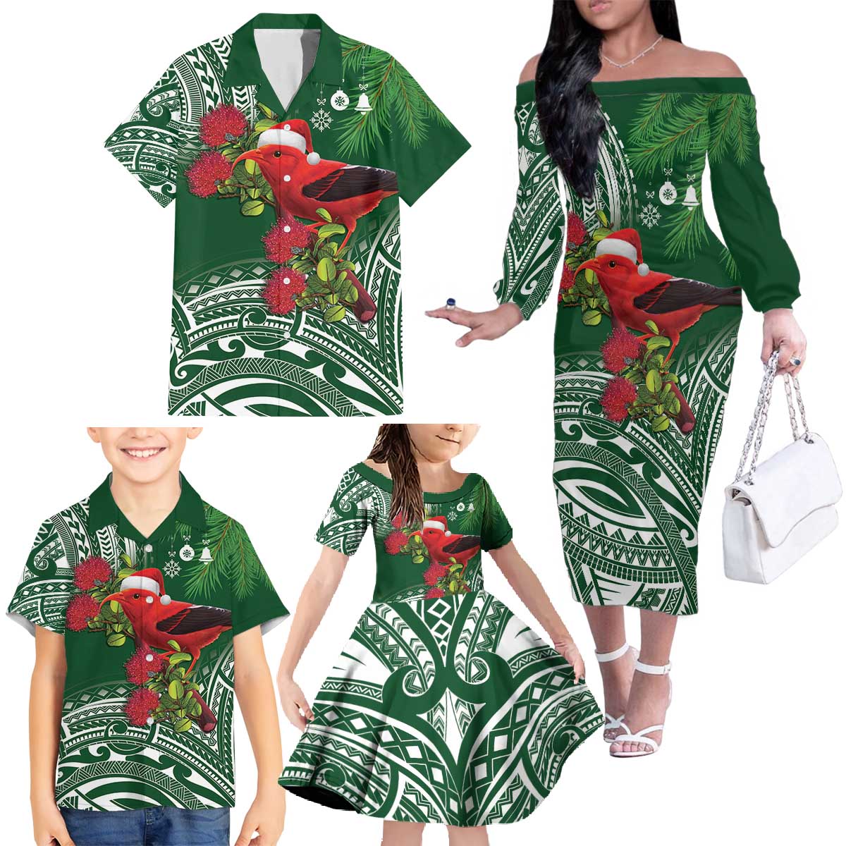 Christmas Hawaii with I'iwi Bird Family Matching Off The Shoulder Long Sleeve Dress and Hawaiian Shirt Aloha Mele Kalikimaka - Green Art LT9 - Polynesian Pride