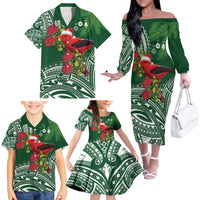 Christmas Hawaii with I'iwi Bird Family Matching Off The Shoulder Long Sleeve Dress and Hawaiian Shirt Aloha Mele Kalikimaka - Green Art LT9 - Polynesian Pride