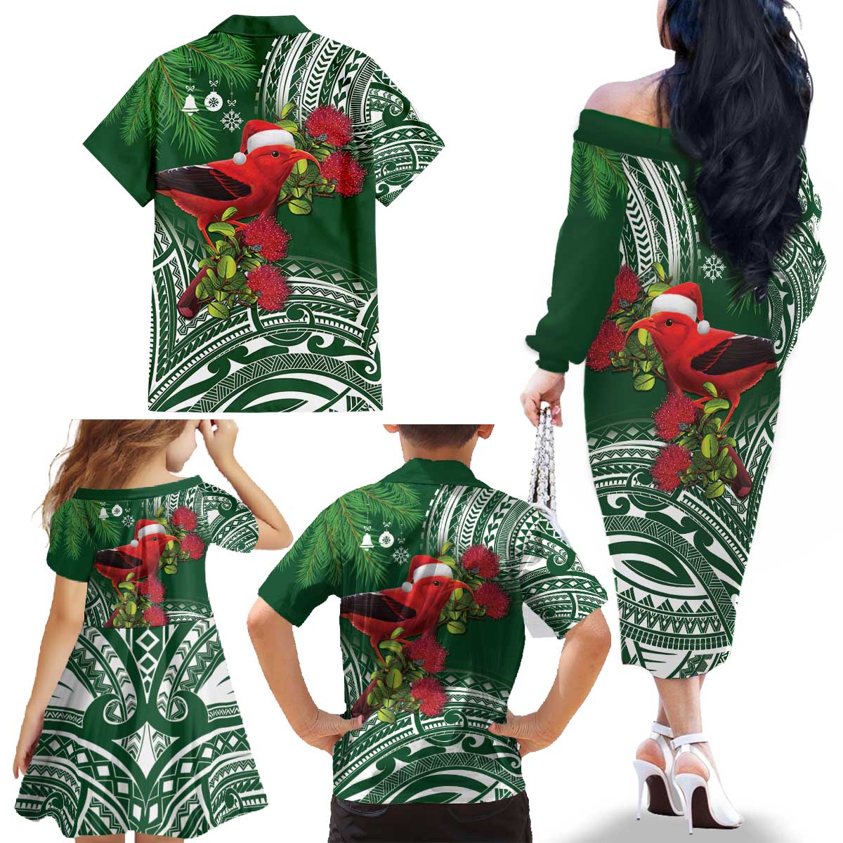 Christmas Hawaii with I'iwi Bird Family Matching Off The Shoulder Long Sleeve Dress and Hawaiian Shirt Aloha Mele Kalikimaka - Green Art LT9 - Polynesian Pride