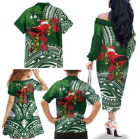 Christmas Hawaii with I'iwi Bird Family Matching Off The Shoulder Long Sleeve Dress and Hawaiian Shirt Aloha Mele Kalikimaka - Green Art LT9 - Polynesian Pride
