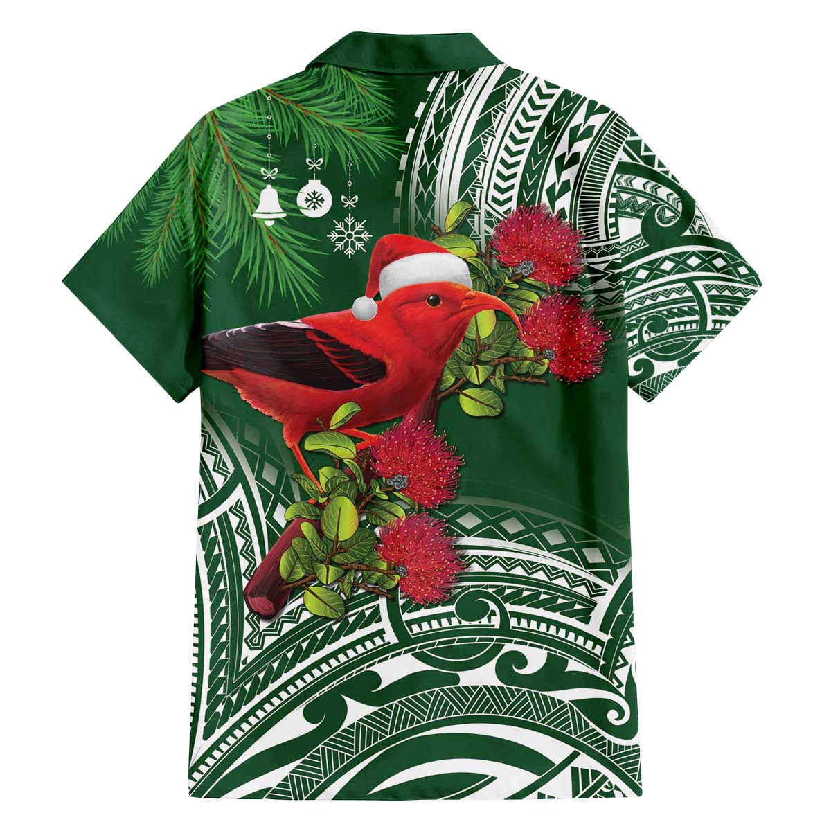 Christmas Hawaii with I'iwi Bird Family Matching Off The Shoulder Long Sleeve Dress and Hawaiian Shirt Aloha Mele Kalikimaka - Green Art LT9 - Polynesian Pride