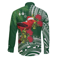 Christmas Hawaii with I'iwi Bird Family Matching Off The Shoulder Long Sleeve Dress and Hawaiian Shirt Aloha Mele Kalikimaka - Green Art LT9 - Polynesian Pride