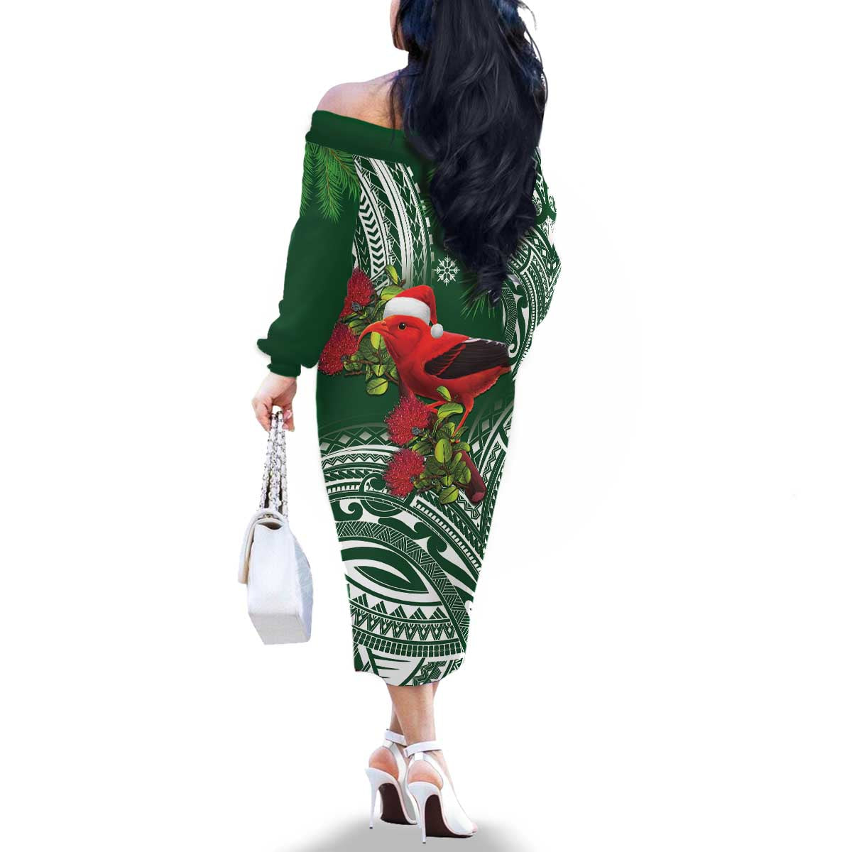 Christmas Hawaii with I'iwi Bird Family Matching Off The Shoulder Long Sleeve Dress and Hawaiian Shirt Aloha Mele Kalikimaka - Green Art LT9 - Polynesian Pride