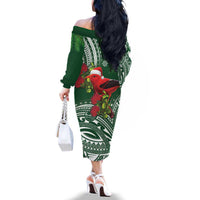 Christmas Hawaii with I'iwi Bird Family Matching Off The Shoulder Long Sleeve Dress and Hawaiian Shirt Aloha Mele Kalikimaka - Green Art LT9 - Polynesian Pride