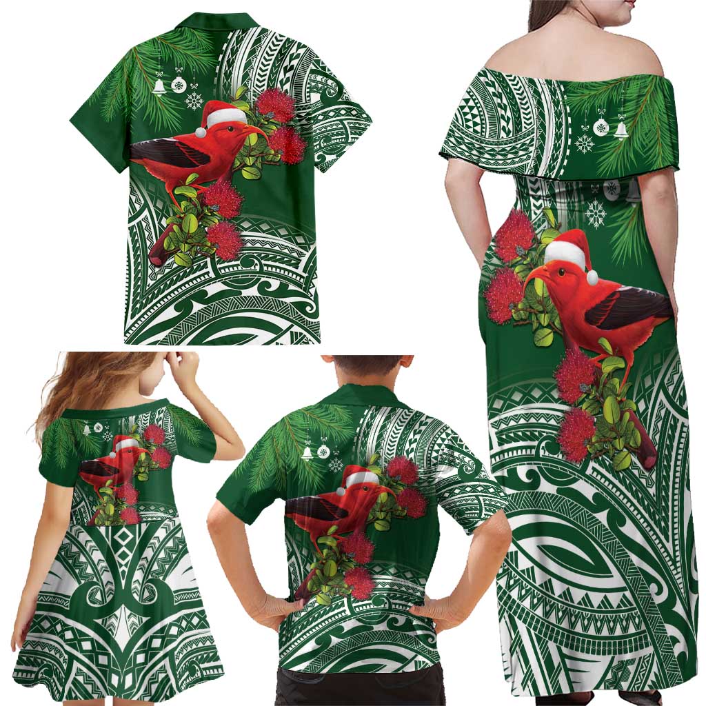 Christmas Hawaii with I'iwi Bird Family Matching Off Shoulder Maxi Dress and Hawaiian Shirt Aloha Mele Kalikimaka - Green Art LT9 - Polynesian Pride