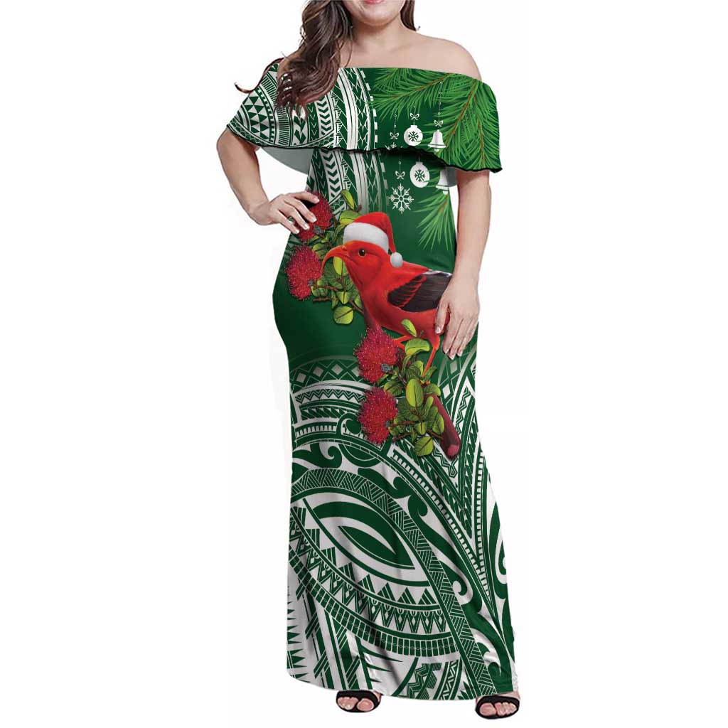 Christmas Hawaii with I'iwi Bird Family Matching Off Shoulder Maxi Dress and Hawaiian Shirt Aloha Mele Kalikimaka - Green Art LT9 Mom's Dress Green - Polynesian Pride