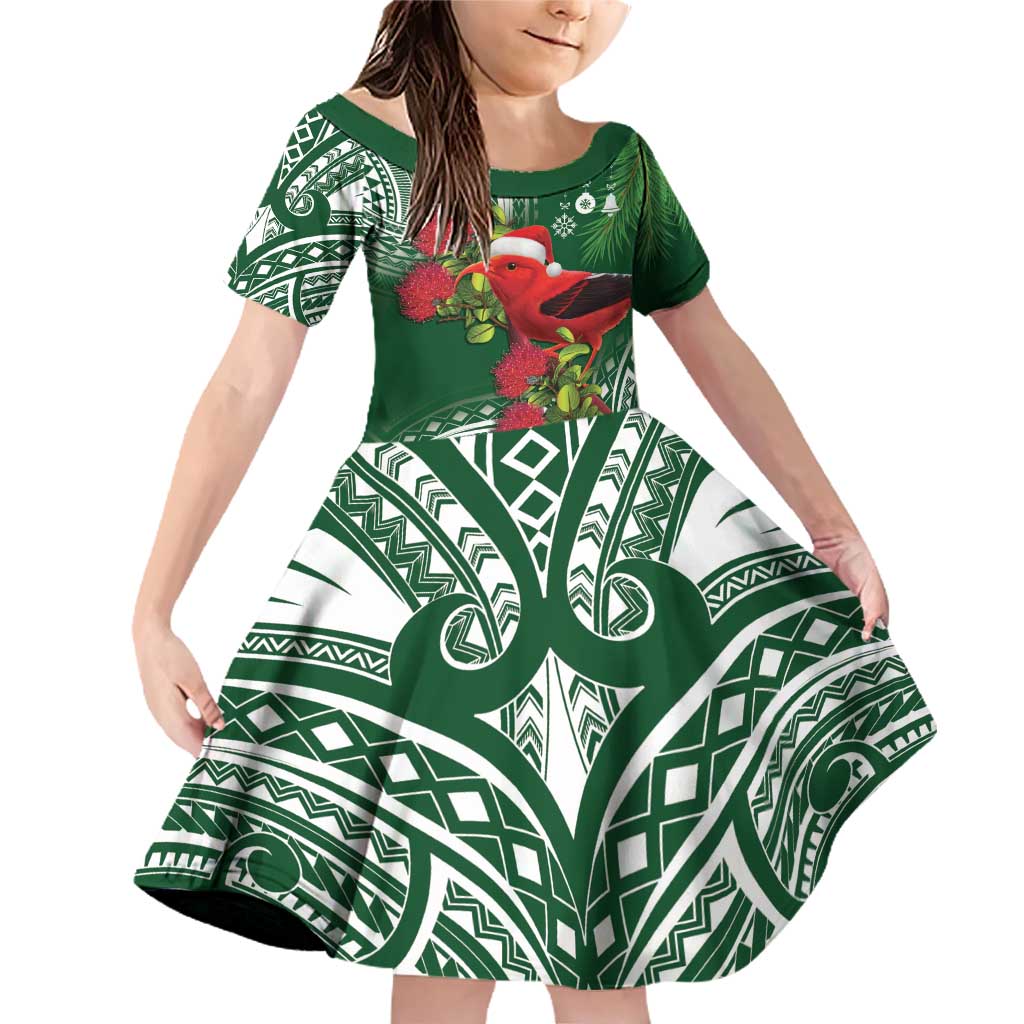 Christmas Hawaii with I'iwi Bird Family Matching Off Shoulder Short Dress and Hawaiian Shirt Aloha Mele Kalikimaka - Green Art LT9 Daughter's Dress Green - Polynesian Pride