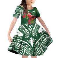 Christmas Hawaii with I'iwi Bird Family Matching Off Shoulder Short Dress and Hawaiian Shirt Aloha Mele Kalikimaka - Green Art LT9 Daughter's Dress Green - Polynesian Pride
