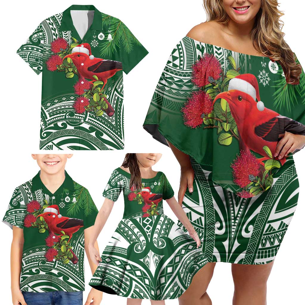 Christmas Hawaii with I'iwi Bird Family Matching Off Shoulder Short Dress and Hawaiian Shirt Aloha Mele Kalikimaka - Green Art LT9 - Polynesian Pride