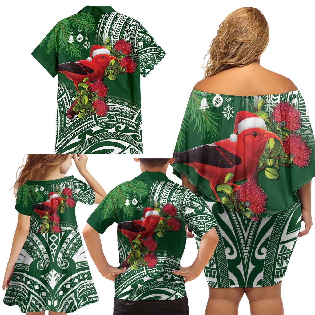 Christmas Hawaii with I'iwi Bird Family Matching Off Shoulder Short Dress and Hawaiian Shirt Aloha Mele Kalikimaka - Green Art LT9 - Polynesian Pride