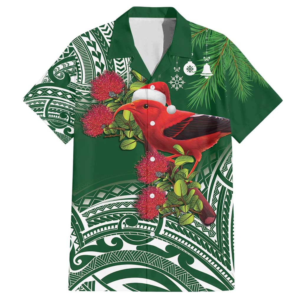 Christmas Hawaii with I'iwi Bird Family Matching Off Shoulder Short Dress and Hawaiian Shirt Aloha Mele Kalikimaka - Green Art LT9 Dad's Shirt - Short Sleeve Green - Polynesian Pride