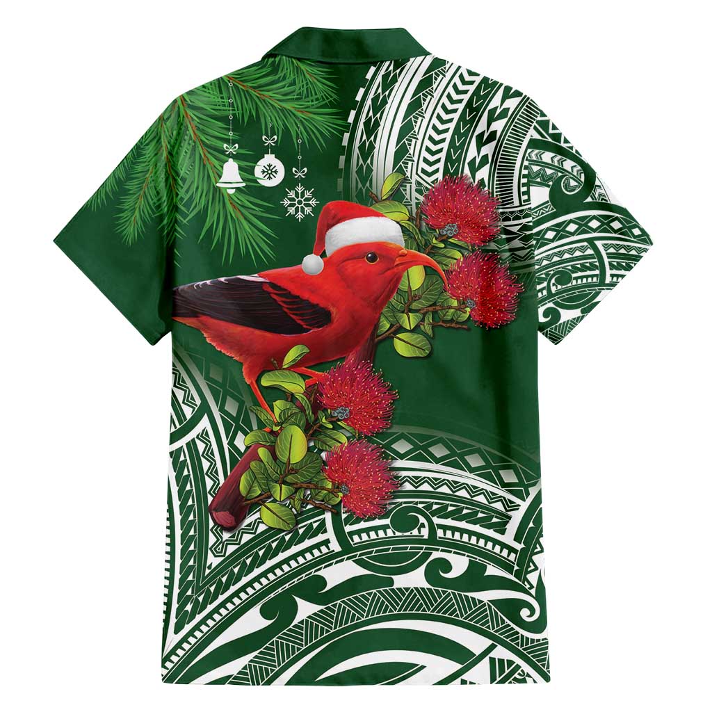 Christmas Hawaii with I'iwi Bird Family Matching Off Shoulder Short Dress and Hawaiian Shirt Aloha Mele Kalikimaka - Green Art LT9 - Polynesian Pride