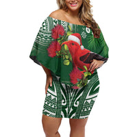 Christmas Hawaii with I'iwi Bird Family Matching Off Shoulder Short Dress and Hawaiian Shirt Aloha Mele Kalikimaka - Green Art LT9 Mom's Dress Green - Polynesian Pride