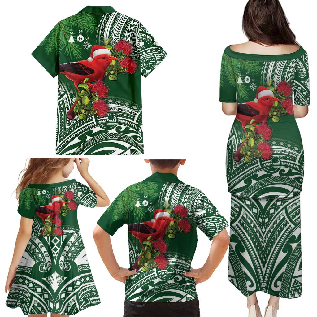 Christmas Hawaii with I'iwi Bird Family Matching Puletasi and Hawaiian Shirt Aloha Mele Kalikimaka - Green Art LT9 - Polynesian Pride