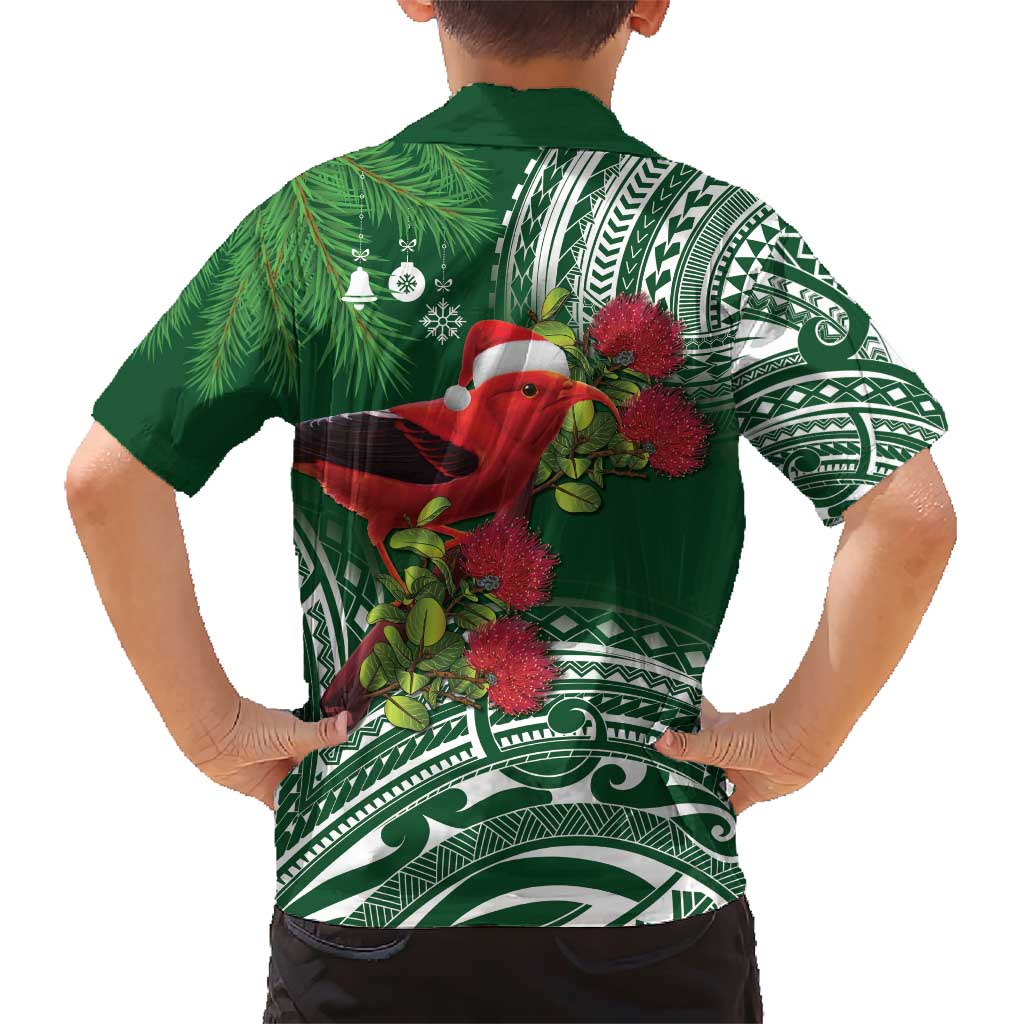 Christmas Hawaii with I'iwi Bird Family Matching Short Sleeve Bodycon Dress and Hawaiian Shirt Aloha Mele Kalikimaka - Green Art LT9 - Polynesian Pride
