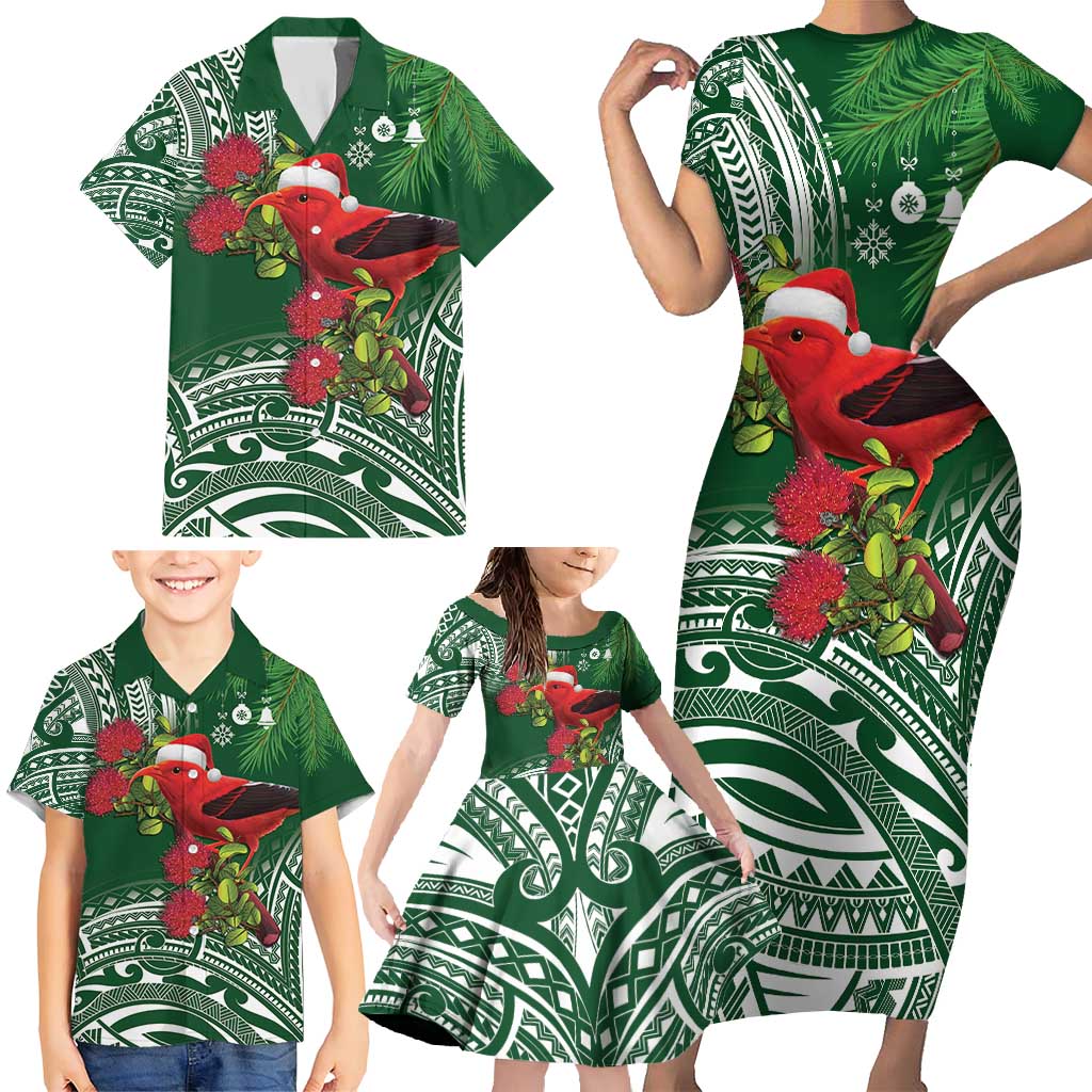 Christmas Hawaii with I'iwi Bird Family Matching Short Sleeve Bodycon Dress and Hawaiian Shirt Aloha Mele Kalikimaka - Green Art LT9 - Polynesian Pride