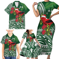 Christmas Hawaii with I'iwi Bird Family Matching Short Sleeve Bodycon Dress and Hawaiian Shirt Aloha Mele Kalikimaka - Green Art LT9 - Polynesian Pride