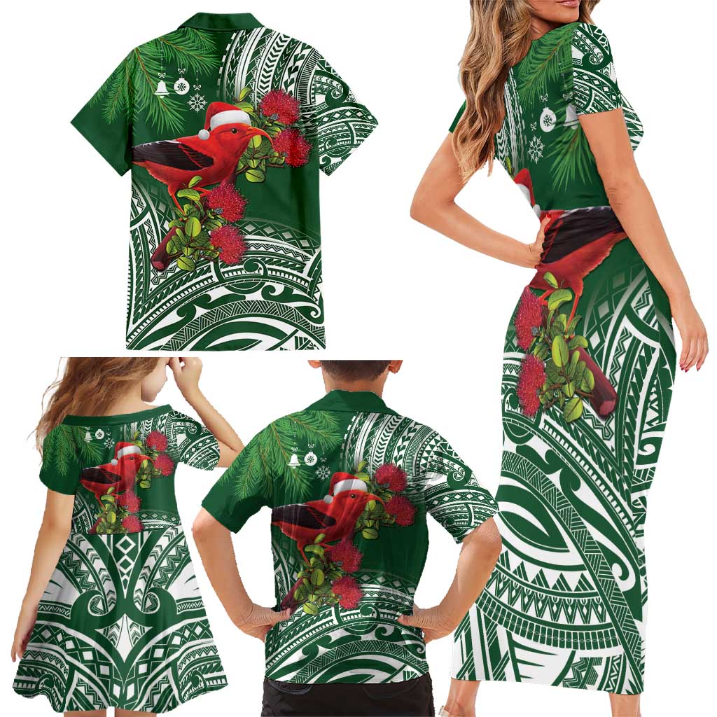 Christmas Hawaii with I'iwi Bird Family Matching Short Sleeve Bodycon Dress and Hawaiian Shirt Aloha Mele Kalikimaka - Green Art LT9 - Polynesian Pride