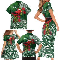 Christmas Hawaii with I'iwi Bird Family Matching Short Sleeve Bodycon Dress and Hawaiian Shirt Aloha Mele Kalikimaka - Green Art LT9 - Polynesian Pride
