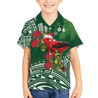 Christmas Hawaii with I'iwi Bird Family Matching Short Sleeve Bodycon Dress and Hawaiian Shirt Aloha Mele Kalikimaka - Green Art LT9 Son's Shirt Green - Polynesian Pride
