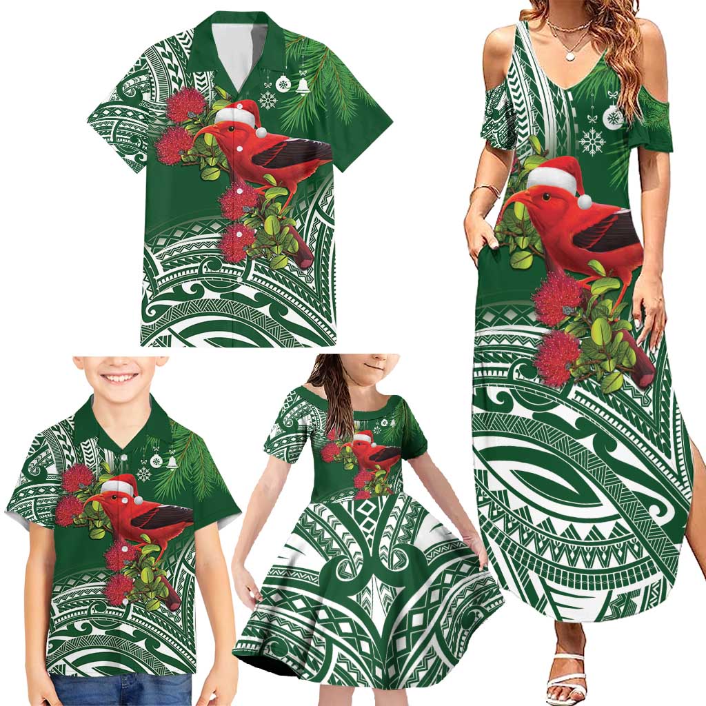 Christmas Hawaii with I'iwi Bird Family Matching Summer Maxi Dress and Hawaiian Shirt Aloha Mele Kalikimaka - Green Art LT9 - Polynesian Pride