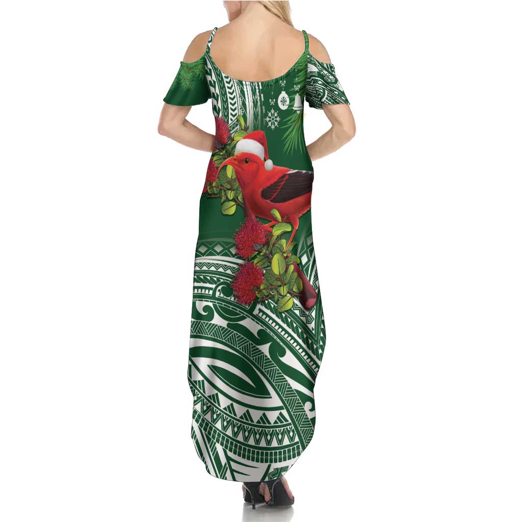 Christmas Hawaii with I'iwi Bird Family Matching Summer Maxi Dress and Hawaiian Shirt Aloha Mele Kalikimaka - Green Art LT9 - Polynesian Pride