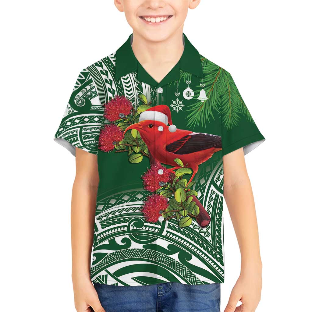 Christmas Hawaii with I'iwi Bird Family Matching Summer Maxi Dress and Hawaiian Shirt Aloha Mele Kalikimaka - Green Art LT9 Son's Shirt Green - Polynesian Pride