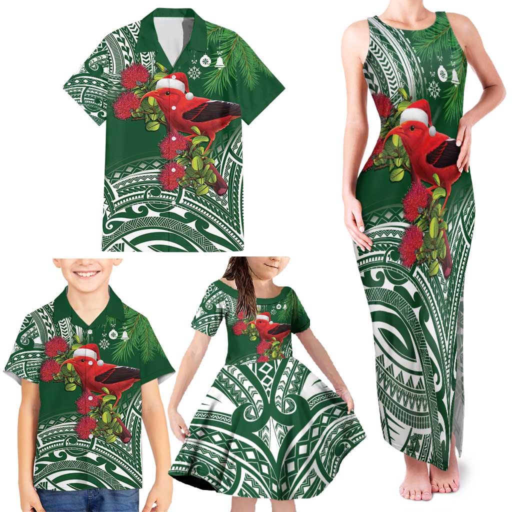 Christmas Hawaii with I'iwi Bird Family Matching Tank Maxi Dress and Hawaiian Shirt Aloha Mele Kalikimaka - Green Art LT9 - Polynesian Pride