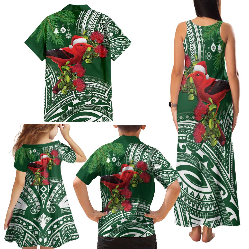 Christmas Hawaii with I'iwi Bird Family Matching Tank Maxi Dress and Hawaiian Shirt Aloha Mele Kalikimaka - Green Art LT9 - Polynesian Pride