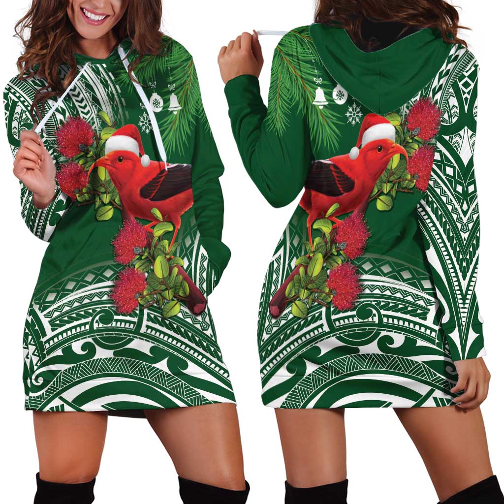 Christmas Hawaii with I'iwi Bird Hoodie Dress Aloha Mele Kalikimaka - Green Art LT9 - Polynesian Pride
