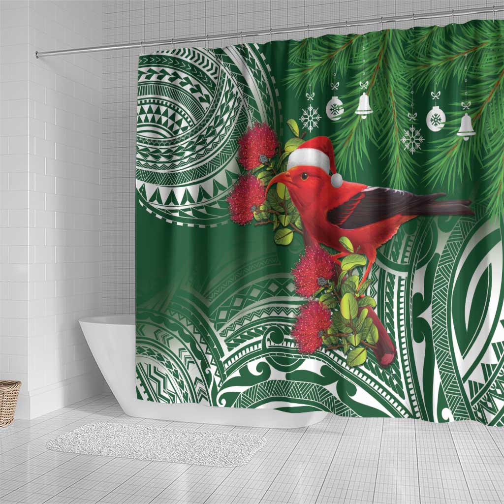 Christmas Hawaii with I'iwi Bird Shower Curtain Aloha Mele Kalikimaka - Green Art