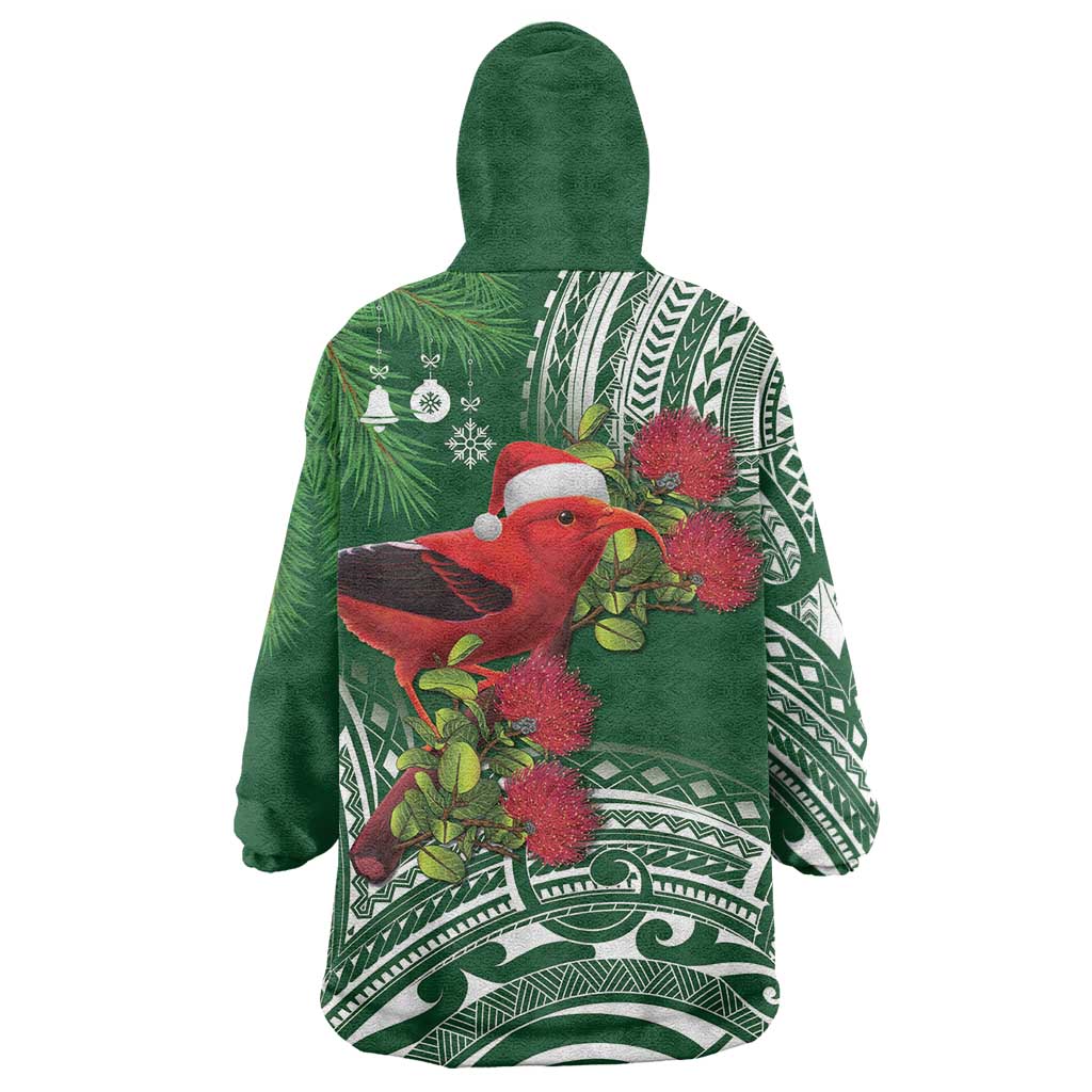 Christmas Hawaii with I'iwi Bird Wearable Blanket Hoodie Aloha Mele Kalikimaka - Green Art