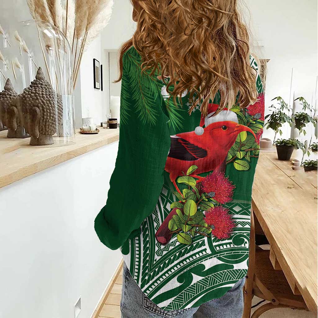 Christmas Hawaii with I'iwi Bird Women Casual Shirt Aloha Mele Kalikimaka - Green Art LT9 - Polynesian Pride