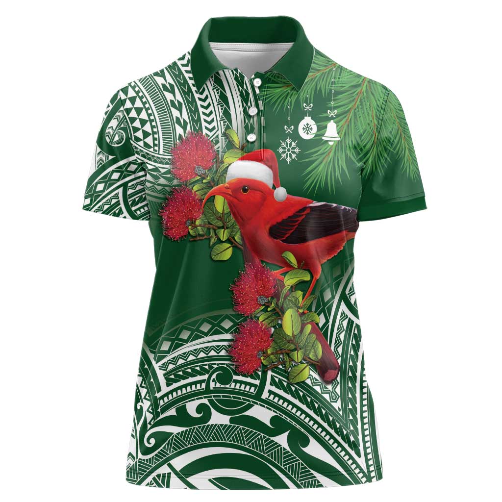 Christmas Hawaii with I'iwi Bird Women Polo Shirt Aloha Mele Kalikimaka - Green Art LT9 Female Green - Polynesian Pride