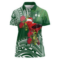 Christmas Hawaii with I'iwi Bird Women Polo Shirt Aloha Mele Kalikimaka - Green Art LT9 Female Green - Polynesian Pride