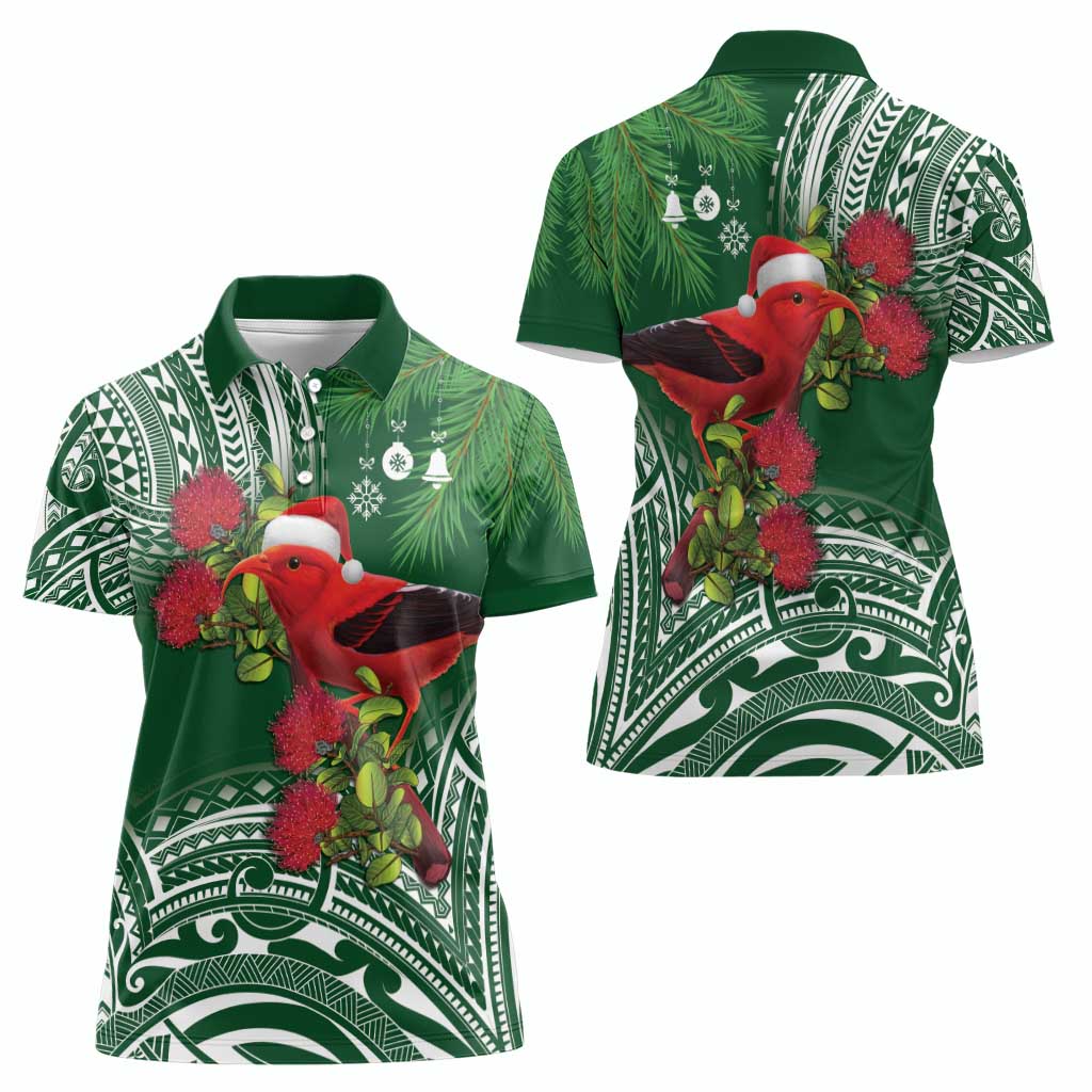 Christmas Hawaii with I'iwi Bird Women Polo Shirt Aloha Mele Kalikimaka - Green Art LT9 - Polynesian Pride