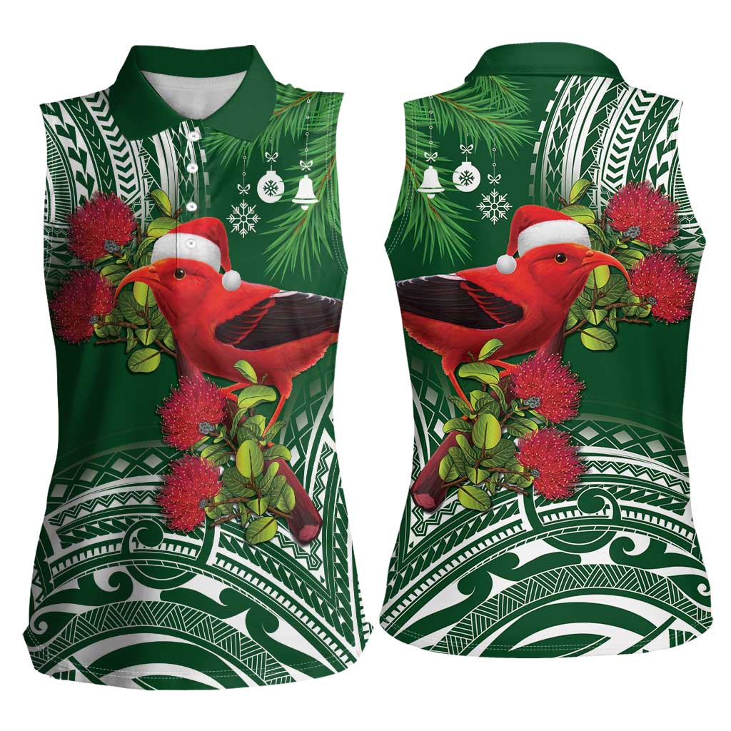 Christmas Hawaii with I'iwi Bird Women Sleeveless Polo Shirt Aloha Mele Kalikimaka - Green Art LT9 - Polynesian Pride