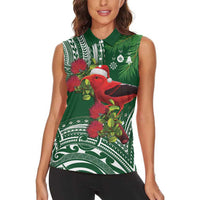 Christmas Hawaii with I'iwi Bird Women Sleeveless Polo Shirt Aloha Mele Kalikimaka - Green Art LT9 - Polynesian Pride