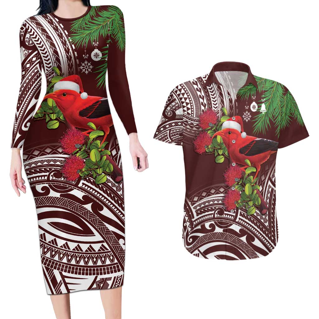 Christmas Hawaii with I'iwi Bird Couples Matching Long Sleeve Bodycon Dress and Hawaiian Shirt Aloha Mele Kalikimaka - Oxblood Art LT9 Oxblood - Polynesian Pride